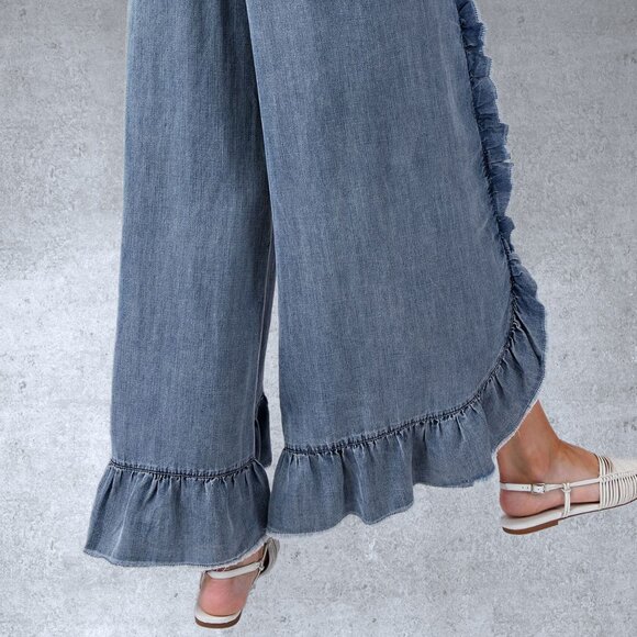 EASEL RESTOCKED! Raw Ruffle Trim Pants Elastic & Drawstring Waist & Scooped Hem - Picture 11 of 15